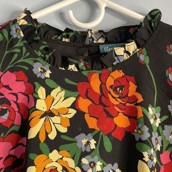 Fleur Bleue Black Floral Tent Dress with Ruffled Neck and Wide Sleeves Size 2 - Picture 5 of 7